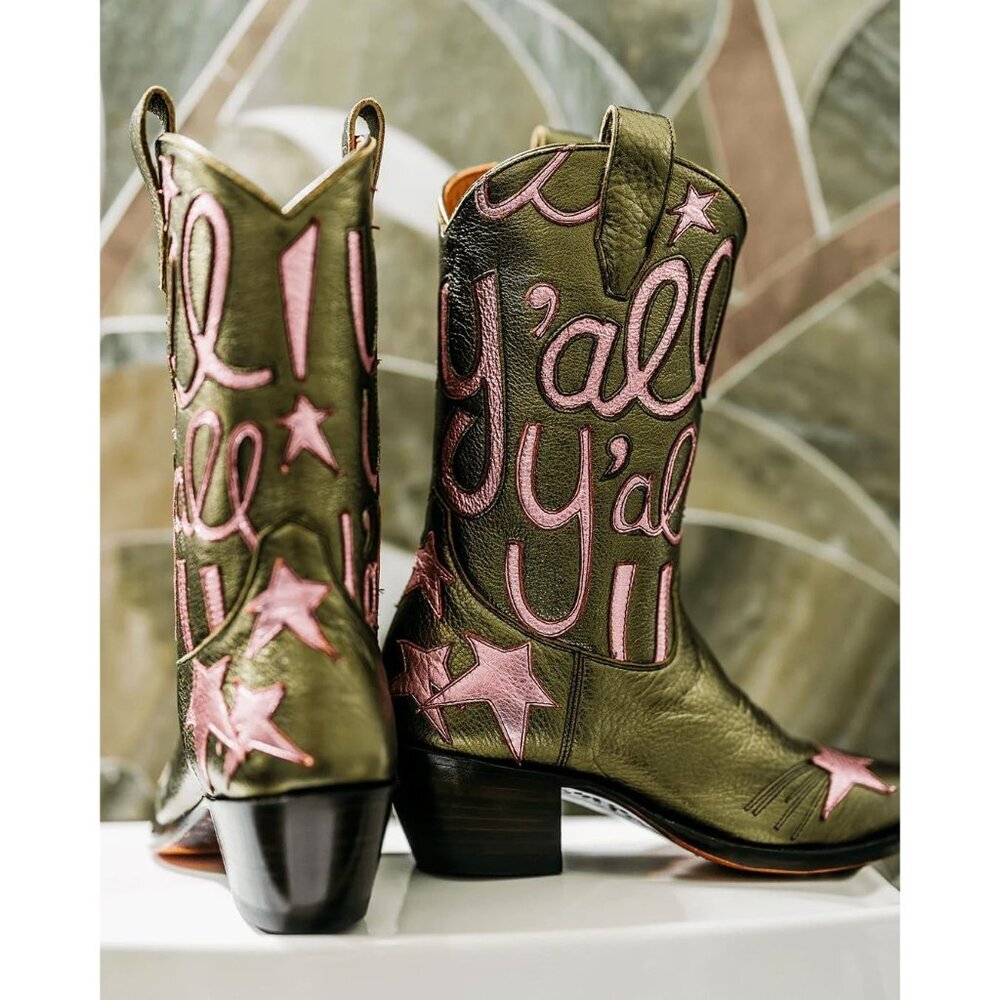 ⚡Women's Green Embroidery Western Cowgirl Boots Mid Calf Low Heel Pointed Toe - Picture 5 of 6